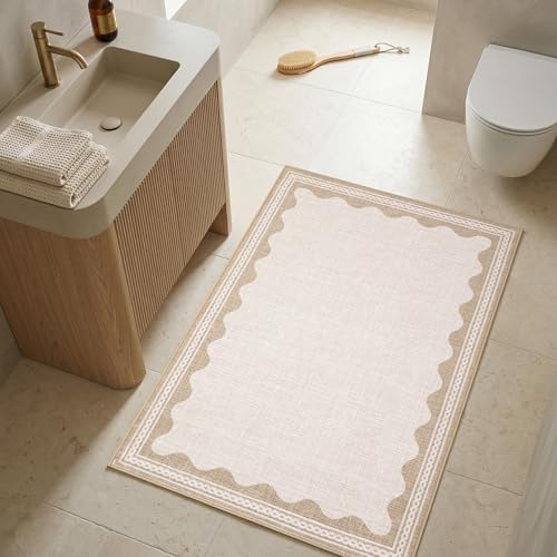 GarveeHome Scalloped Door Mat Indoor Rugs for Entryway Small Rug 2x3 Washable Non-Slip Solid Beige Modern Soft Low-Pile Throw Carpet for Bedroom Kitchen Bathroom Entrance - Image 3