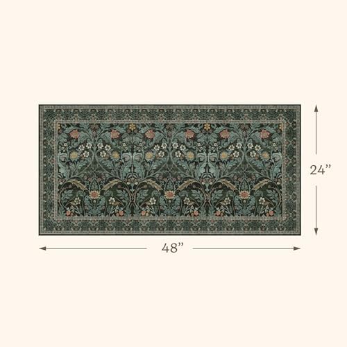 Floral Rug for Entryway Indoor 2x4, Small Soft Washable Carpet for Bedroom Beside Bed, Non Slip Kitchen Area Rugs, Mudroom Decor, Low Pile & Waterproof (Dark Green) - Image 2