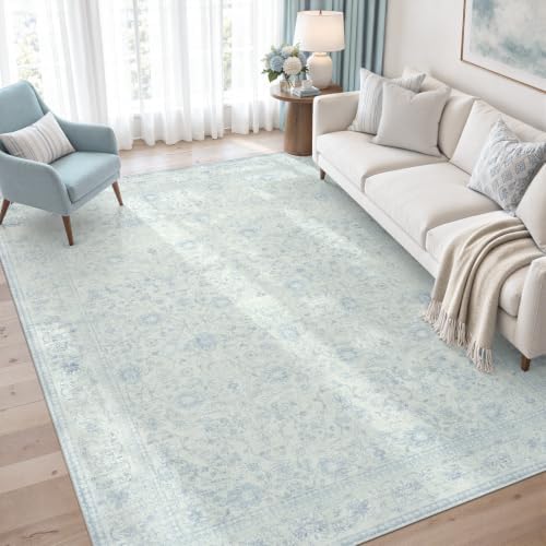 DCX Vintage Washable 5x7 Area Rug, Distressed Floral, Light Blue - Image 3