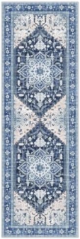 Yamaziot Washable Runner Rug, 2x6 Non-Slip Boho Vintage Hallway Rug Runner with Rubber Backing, Stain Resistant & Low Pile Faux Wool Distressed Carpet Runner for Kitchen, Laundry, Entrance, Blue - Image 2