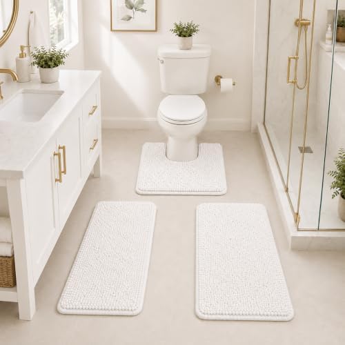 White Bathroom Rugs Chenille Bath Mat Set 3 Piece, Extra Soft, and Absorbent Shaggy Rugs, Machine Wash and Dry, Perfect Plush Carpet Mats for Tub, Shower, Bathroom Rug Mats by RUNHELIX