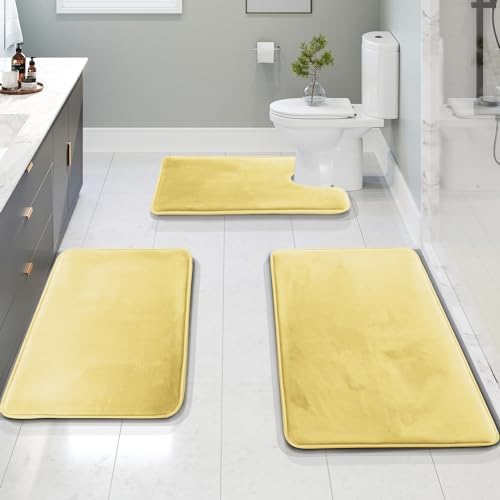 Clara Clark 3 Piece Bathroom Rugs Bath Mat Set, Velvet Memory Foam Bath Mats for Bathroom - Non-Slip, PVC Backing Bath Rugs, Washable - Dries Quickly, Yellow by ClaraClark