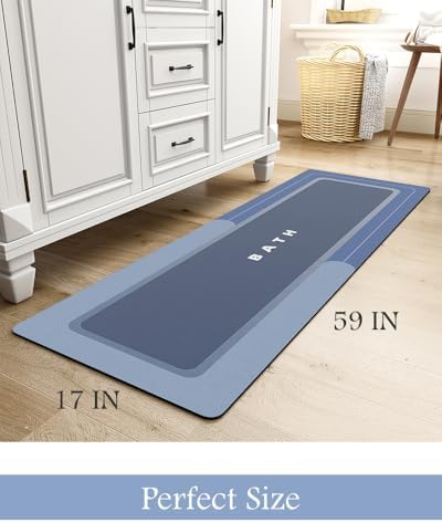 MontVoo-Bath Mat Rug Long Non Slip Super Absorbent Bathroom Runner Stain Resistant Quick Dry Thin Bathroom Mat Fit Under Door-17"x59",Navy - Image 2