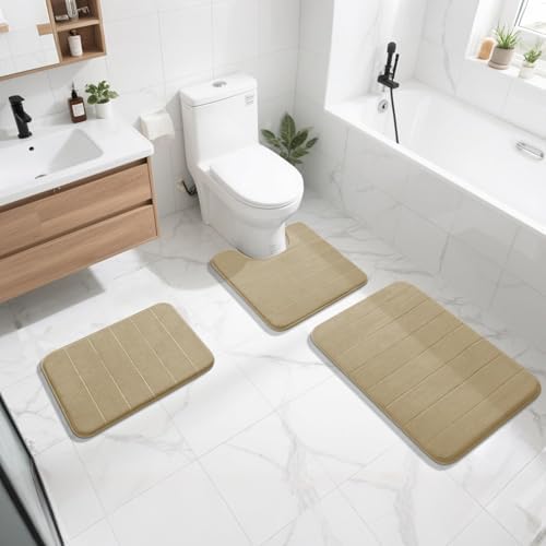 Yimobra Memory Foam Bath Mat, Super Soft Absorbent Bathroom Rug Non Slip, Quick Dry, Machine Washable Floor Carpet for Tub Shower, Home Decor Accessories, 24x17, Light Tan - Image 2