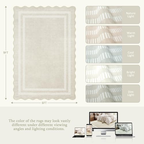 Washable 6x9 Area Rugs for Living Room, Solid Ivory Ultra-Thin Bedroom Rug Non-Slip Dining Room Rugs, Soft Scalloped Carpet for Nursery Kids Room Office - Image 2