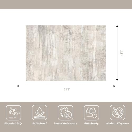 Area Rugs 4x6 for Living Room - Washable Modern Abstract Bedroom Rugs with Non Slip Rubber Backing Indoor Low Pile Carpet for Kitchen Office Nursery Home Decor Floor Mat for Bathroom 4x6 Beige - Image 2