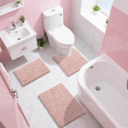 Yimobra Bathroom Rugs Non Slip Washable - Ultra Soft Absorbent Chenille Bath Mat, Quick Dry Shaggy Floor Carpet for Tub Shower, Light Pink Home Decor Accessories, 24x17 Inch - Image 2