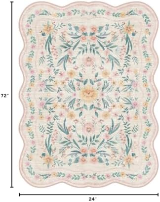 Pink Floral Rug 4X6 for Girls Bedroom or Nursery, Scalloped Cottagecore Washable Non-Slip Area Rug, Cute Soft Boho Carpet for Kids Room, Dorm, or Playroom - Image 2