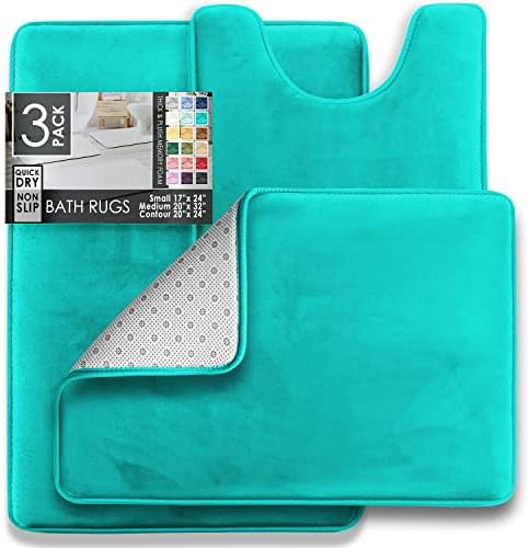 Clara Clark 3 Piece Bathroom Rugs Bath Mat Set, Velvet Memory Foam Bath Mats for Bathroom - Non-Slip, PVC Backing Bath Rugs, Washable - Dries Quickly, Teal - Image 2