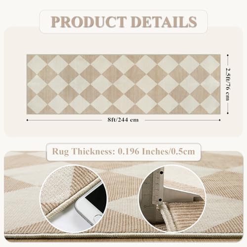 Beeiva Checkered Print Rug Runners for Hallways Non Slip 2.5x8, Ultra Thin Beige Kitchen Runner Rugs Non Skid Washable, Classic Neutral Gingham Decor Faux Wool Carpet for Bathroom Bedroom Entryway - Image 6