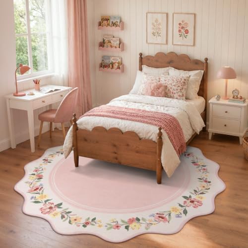 Lahome Round Girls Bedroom Rug 6ft, Pink Floral Area Rug - Image 2