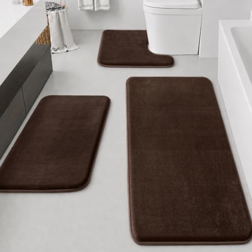 HUXMEYSON Bathroom Rugs Sets 3 Piece, Non-Slip & Quick Dry Bath Mat Set, Ultra Soft Velvet Bath Rugs for Bathroom, Toilet and Shower Floor, Brown by HUXMEYSON