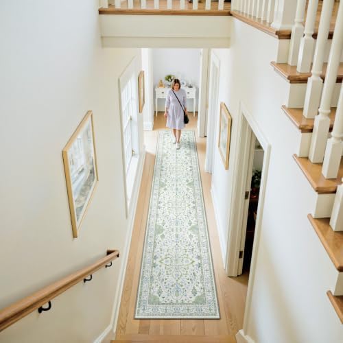RELEANY Washable Area Rug, Runner 2'x9', Green/White/Blue - Image 2