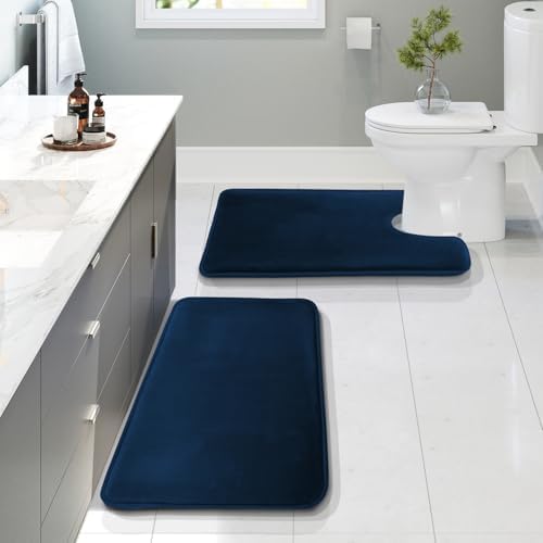 Clara Clark 2 Piece Bathroom Rugs, Velvet Memory Foam Bath Mat Set, Non-Slip Bath Rugs, Machine Wash, Dries Quickly, Ultra Soft Plush Bath Mats for Bathroom, 20 x 32 + Contour, Blue by ClaraClark