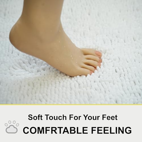 White Bathroom Rugs Chenille 3-Piece Extra Soft and Absorbent Shag White Bath Mat, Machine Wash Mat, Strong PVC Non-Slip Underside, Plush Carpet Mats - Image 4