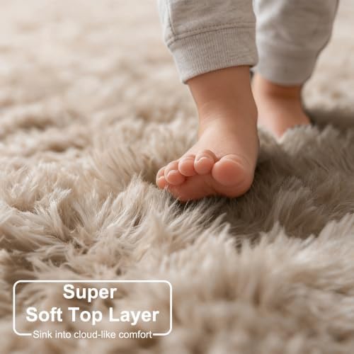 Amdrebio Beige Boho Fluffy Area Rug 5x8 for Living Room Bedroom Nursery - Image 4