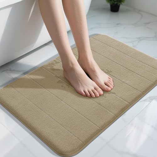 Yimobra Memory Foam Bath Mat, Super Soft Absorbent Bathroom Rug Non Slip 31.5x20 Inch, Quick Dry, Machine Washable Floor Carpet for Tub Shower, Home Decor Accessories, Light Tan by Yimobra