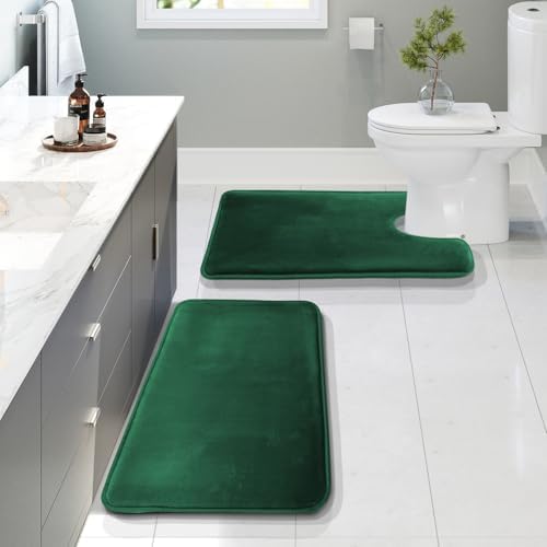 Clara Clark 2 Piece Bathroom Rugs, Velvet Memory Foam Bath Mat Set, Non-Slip Bath Rugs, Machine Wash, Dries Quickly, Ultra Soft Plush Bath Mats for Bathroom, 17 x 24 + Contour, Hunter Green by ClaraClark