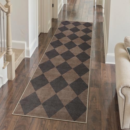 Beeiva Checkered Print Hallway Runner Rug 2x6, Moroccan Kitchen Runner Rugs Non Skid Washable 6ft Ultra Thin Stain Resistant Entryway Decor, Diamond Gingham Alfombra for Bathroom Laundry (Brown/Black) by Beeiva