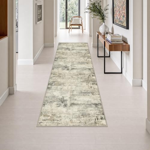 2.6x8 Washable Runner Rug：Modern Abstract Soft Carpet Ash Brown by FXRHLP