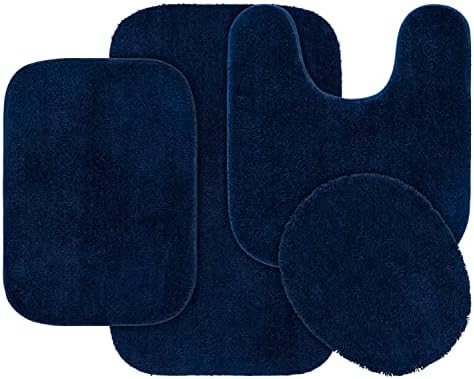 Garland Rug Traditional Nylon Washable Navy 4 Piece Set - Lid, Contour, 2 Bath Rugs - Soft, Absorbent, and Stylish for Your Bathroom by Garland+Rug