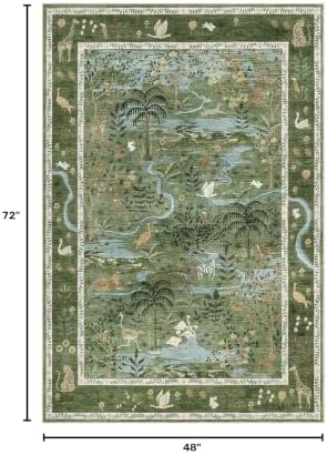 4x6 Whimsical Safari Nursery Area Rug Washable Non Slip Small Living Room Rugs Low Pile Animal Print Girs Bedroom Green Throw Carpet Forest Fairy Tale Area Rugs for Entry Kids Room, Green - Image 2