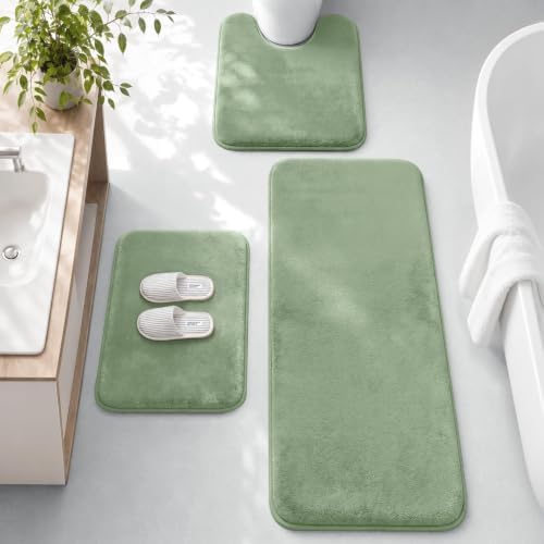 HUXMEYSON 3-Piece Memory Foam Bathroom Rug Set, Grey Green by HUXMEYSON