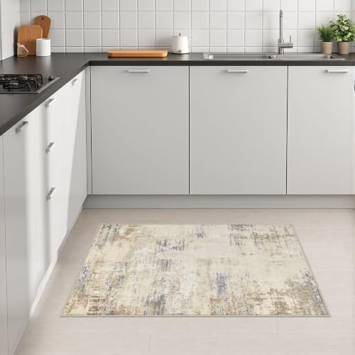 2x3 Washable Entryway Rug: Modern Abstract Soft Carpet Beige Brown - Image 4