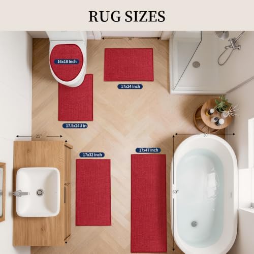 YIHOUSE Red Bathroom Rugs Sets 5 Piece, Quick Dry Thin Bath Mat with Toilet Rug - Non Slip Absorbent Machine Washable - Bath Runner Rugs for Bathtub Sink Home Decor - Image 2