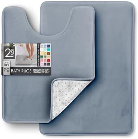 Clara Clark 2 Piece Bathroom Rugs, Velvet Memory Foam Bath Mat Set, Non-Slip Bath Rugs, Machine Wash, Dries Quickly, Ultra Soft Plush Bath Mats for Bathroom, 20 x 32 + Contour, Stone Blue - Image 3