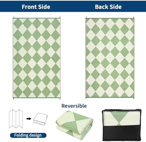 GAOMON 9x18 Plastic Straw Rug Outdoor Rugs for Patio Waterproof Reversible Mat Modern Bordered Camping Rug for Porch RV Backyard Pool Deck Picnic Beach Trailer Trellis-Green - Image 6