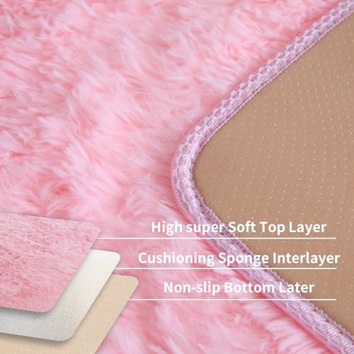 Pink Fluffy Shag Rug, 2'x3', Machine Washable Non Slip Kids Throw Carpet - Image 4