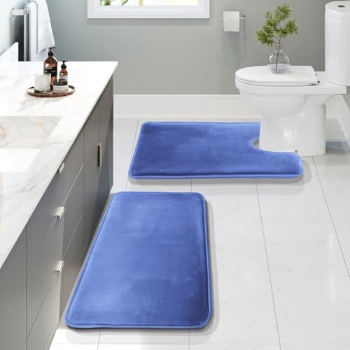 Clara Clark 2 Piece Bathroom Rugs, Velvet Memory Foam Bath Mat Set, Non-Slip Bath Rugs, Machine Wash, Dries Quickly, Ultra Soft Plush Bath Mats for Bathroom, 20 x 32 + Contour, Calm Blue by ClaraClark