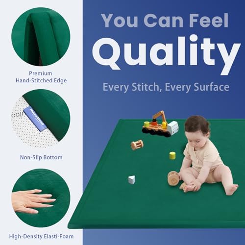 Baby Play Mat for Floor,1.3" Thick Memory foam Tummy Time Mat,Soft Coral Velvet Nursery Rug,Extra Large Non Slip Crawling Mat for Toddlers,Infants,kids,Yoga Mat,Tatami Style for Living Room(Dark Green) - Image 2