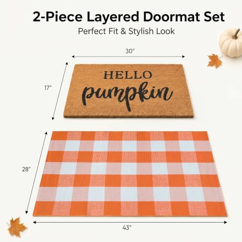 Fall Decor Door Mat Combo Set, 100% Coco Coir Welcome Mat + 28 x 43 Inches Orange and White Plaid Rug - Fall Thanksgiving Front Porch Entryway Floor Doormat, Indoor Outdoors Autumn Mats Hello Pumpkin - Image 2