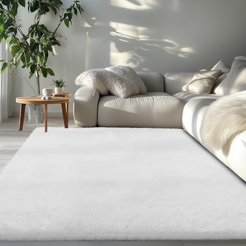 White Fluffy Bedroom Area Rug: 5x7 Soft Fluffy Carpet - Image 4