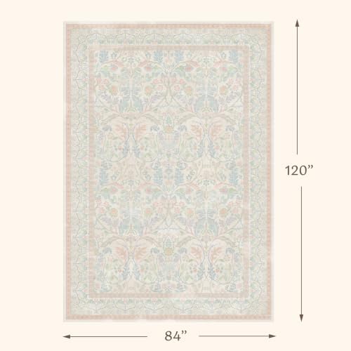7x10 Washable Area Rug - Pink Blue Floral Large Nursery Rug, Non-Slip Low Pile Rug for Girls Bedroom Playroom Dorm, Soft Stain-Resistant Vintage Oushak Carpet for Living Room - Image 2