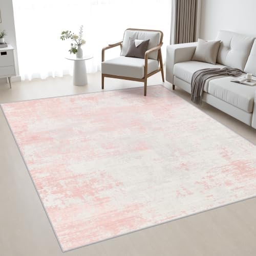 Area Rug Living Room: 4x4 Modern Washable Soft Carpet Pink White by FXRHLP