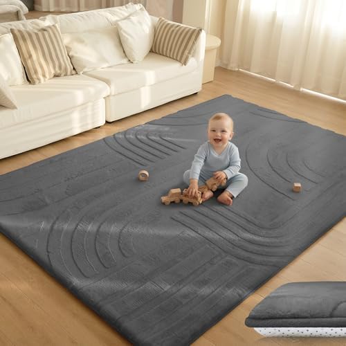 1.3" Thick Fluffy Baby Play Mat for Floor,Elasti Foam Padded Area Rug for Living Room Bedroom,Ultra Soft 3D Carved Kids Rug,Non-Slip Nursery Crawling Mat for Toddlers,4’x6’ Playroom Carpet(Charcoal) by HulooSleep
