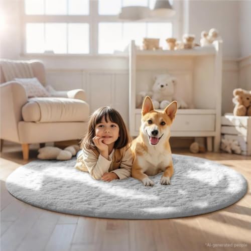Ophanie Round Rug 5Ft White Circle Area Rug, Aesthetic Room Decor, Fluffy Fuzzy Bedroom Carpet, Plush Soft Shaggy Living Room Rugs for Kids Home Decor, Nursery with Over 99 pcs Pile fibers - Image 3