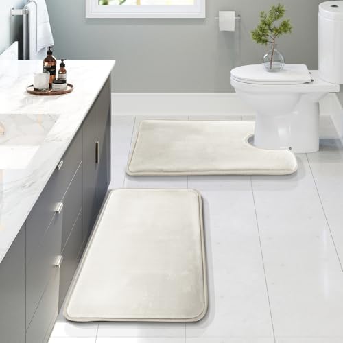 Clara Clark 2 Piece Bathroom Rugs, Velvet Memory Foam Bath Mat Set, Non-Slip Bath Rugs, Machine Wash, Dries Quickly, Ultra Soft Plush Bath Mats for Bathroom, 17 x 24 + Contour, Off White by ClaraClark