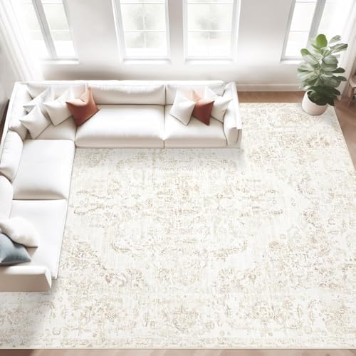 9x12 Area Rugs for Living Room:Washable Rug Vintage Large Rugs Soft Non Slip Low Pile Rug Floral Distressed Floor Carpet for Bedroom Dining Room Home Office (Beige,9'x12') by MXSANYOORUG