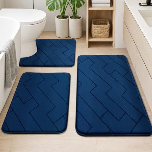 YIHOUSE 3 Piece Bathroom Rug Set - Soft Memory Foam Bath Mat, Dark Blue by YIHOUSE