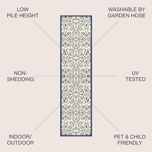 JONATHAN Y Vintage Filigree Indoor Outdoor Runner Rug 2X8 Navy/Beige, Madrid Textured Weave for Backyard, Patio, Porch, Easy-Cleaning, High Traffic, Pet-Friendly, Non-Shedding (SMB107G-28) - Image 2