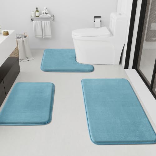 HUXMEYSON Bathroom Rugs Sets 3 Piece, Non-Slip & Quick Dry Bath Mat Set, Ultra Soft Velvet Bath Rugs for Bathroom, Toilet and Shower Floor, Lake Blue by HUXMEYSON
