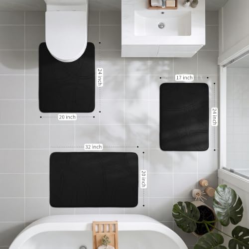 YIHOUSE 3 Piece Memory Foam Bathroom Rug Set, Cushioned Bath Mat, Black - Image 2