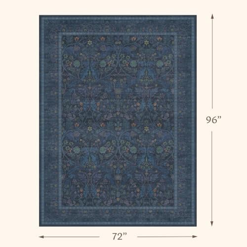 Navy Blue 6x8 Washable Area Rug for Living Room, Low Pile Soft Non Slip Rugs for Dining Room Bedroom, Vintage Floral Carpet - Image 2