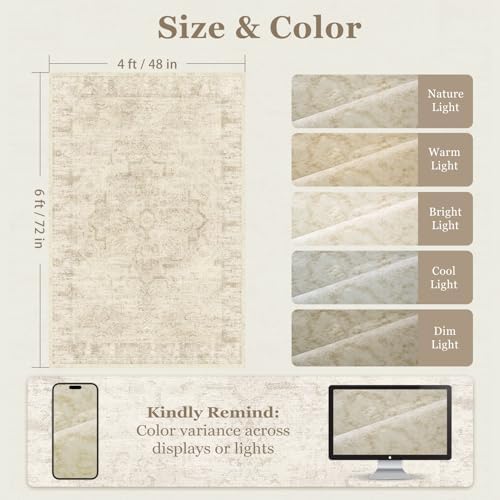 Beige 4x6 Throw Rugs for Entryway, Washable Neutral Rug with Rubber Backing for Living Room Bedroom, Vintage Medallion Distressed Area Rug for Kitchen/Bathroom/Dorm/Home Office - Image 2