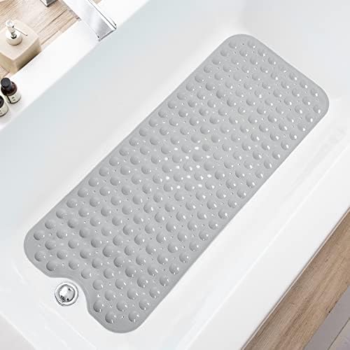 TEESHLY Bathtub Mats for Shower Tub, Extra Long Non-Slip 39 x 16 Inch Bath Mat with Drain Holes and Suction Cups, BathMat for Bathroom with Machine Washable (Opaque Gray) by TEESHLY