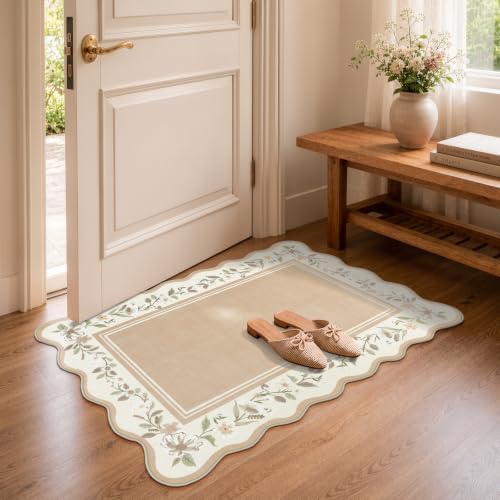 Lahome Scalloped Bathroom Rug 2x3, Beige Floral Bath Mat - Image 2
